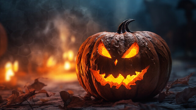 Scary smiling round Orange Halloween pumpkin in dark gloomy night forest