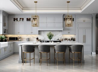A luxurious kitchen with a large island, gold faucet and sputnik chandelier, stainless steel appliances, and white marble countertops. Created with Generative AI technology.