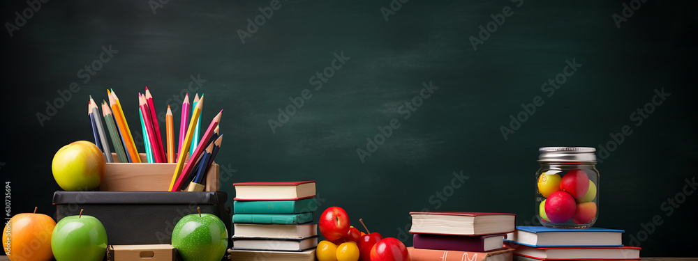 Poster back to school background with books,apples and pencils over blackboard.created with generative ai t