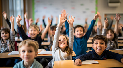 School children in classroom at lesson raising their hands.Created with Generative AI technology. - obrazy, fototapety, plakaty