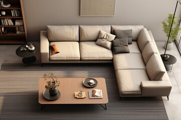 Modern living room interior with a big sofa, coffee table and carpet top view. AI generated