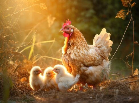 Mother hen with chickens in a rural yard.Chickens in a grass in