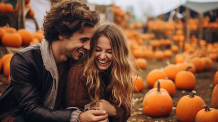 Happy young couple, smiling, at the pumpkin patch, autumn, halloween, lifestyle concept