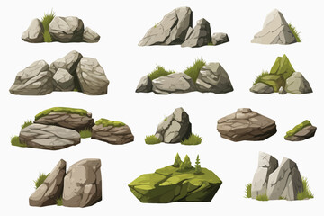 rocks with moss set vector flat minimalistic isolated illustration