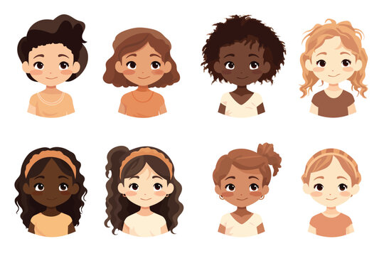 Portrait of girls with unique skin tones kids vector isolated illustration