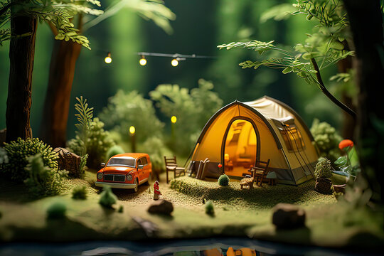 3D macro cartoon camping concept. AI technology generated image