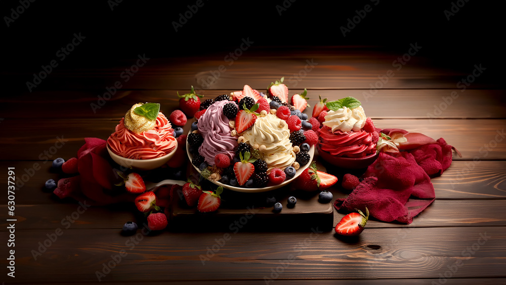 Wall mural ice cream banner, illustration with berries, fruits and chocolate