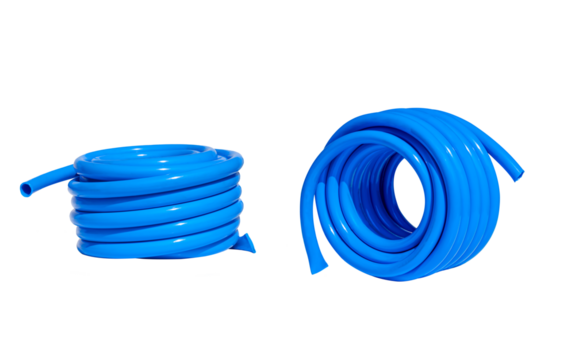 2 Rolls of high quality blue rubber water hose on transparent background, toughness, flexibility, good resistance to crushing and prevent the occurrence of lemongrass