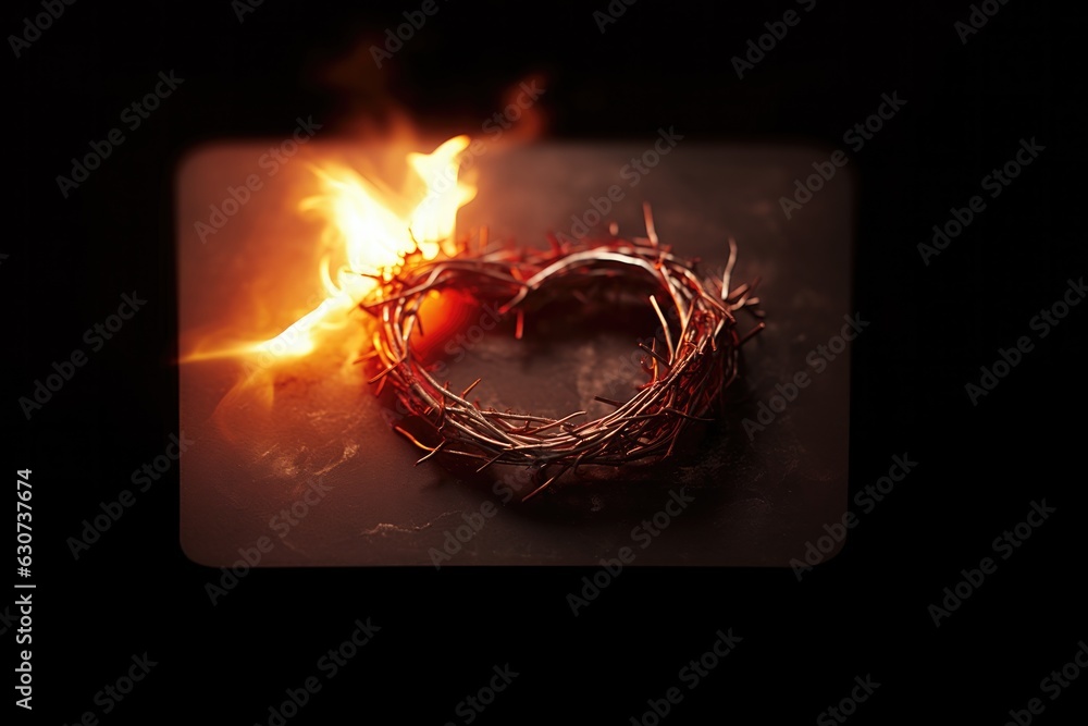 Poster The Sacred Heart, a crown of thorns in the shape of a heart on fire background with copy space