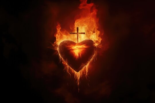 The Sacred Heart, a crown of thorns in the shape of a heart on fire background with copy space