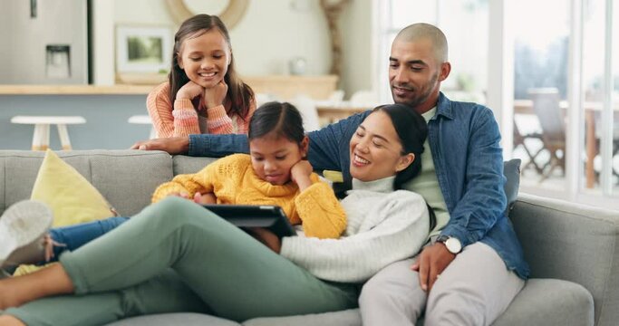 Family home, sofa and parents streaming with children on a tablet watching a show or movie with subscription online. Web, website and mother relax with kids and father on a couch watching on an app