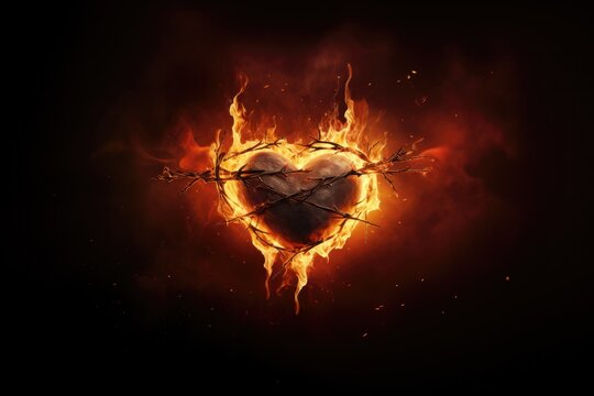 The Sacred Heart, a crown of thorns in the shape of a heart on fire background with copy space