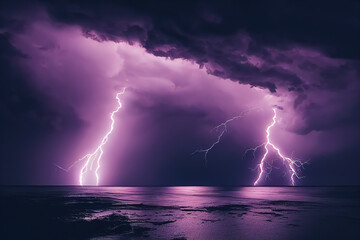Naklejka na ściany i meble Lightning strikes on the ground. natural phenomena. Weather forecast. AI-generated