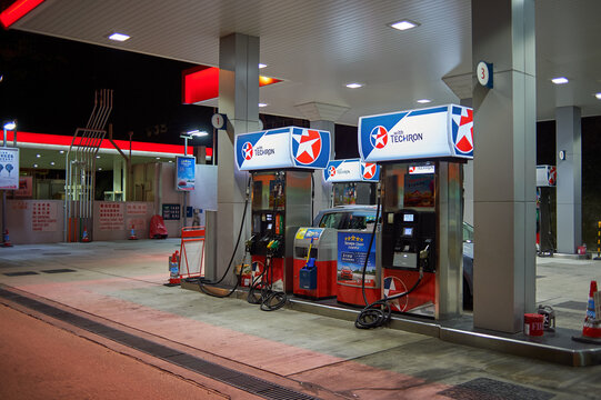 HONG KONG - APRIL 15, 2015: Caltex fuel station in the evening.