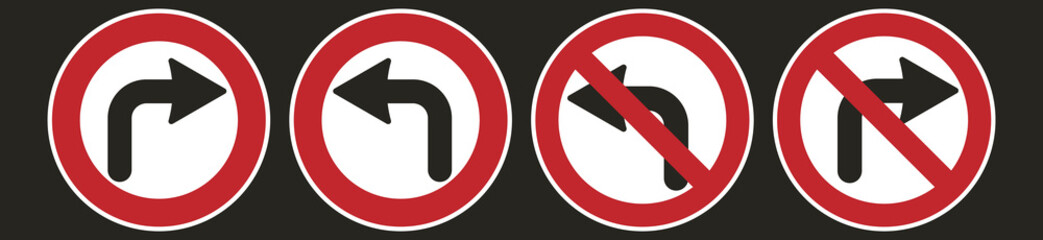 Bundle set of isolated design sticker label do not turn left with black arrow and red do not circle crossed out prohibited sign and turn instruction in red circle sign