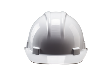 A white safety helmet (hard hat) placed on a plain white surface. Protective attire is also visible.