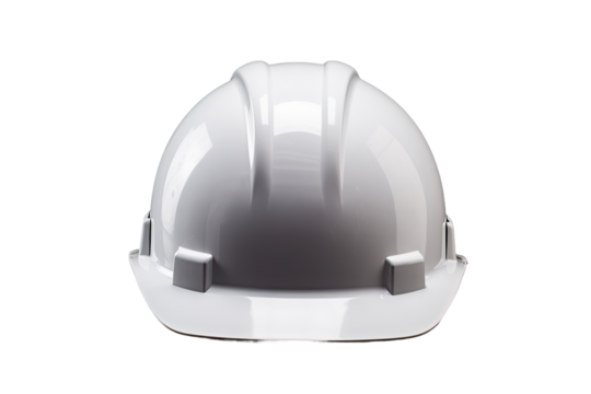A white safety helmet (hard hat) placed on a plain white surface. Protective attire is also visible.