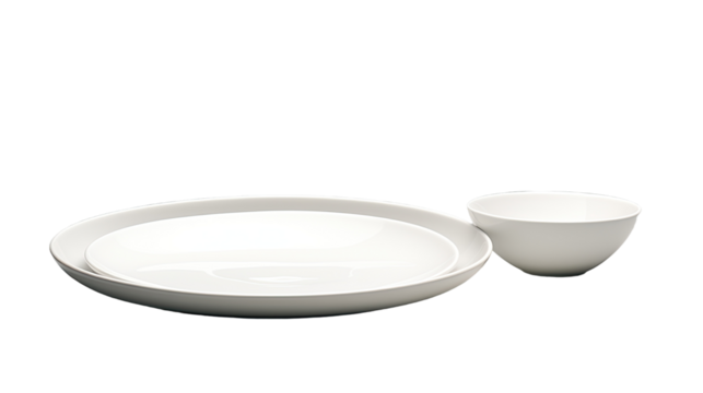 A white dish or plate that is by itself with no other objects, set apart from its surroundings, on a white background.