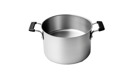 A soup pot, crafted from aluminum through forging, that has a non-stick coating, seen alone on a white background from an above perspective.
