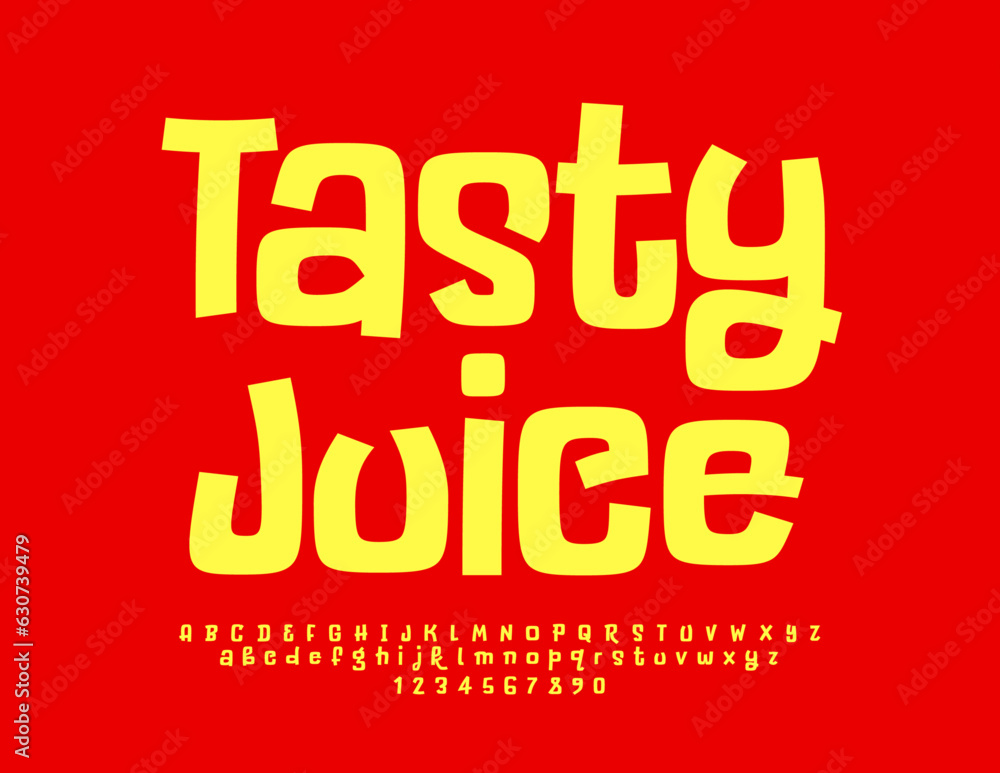 Poster vector advertising sign tasty juice with playful yellow font. childish alphabet letters, numbers and