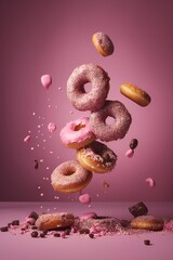  levitating donuts on a pink background