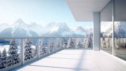 Interior empty balcony room with with views on snow mountains. Copy space. Generative AI