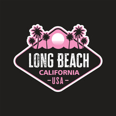Badge Patch of Long Beach California for Stickers vector illustration with silhouette of palm trees and ocean sunset