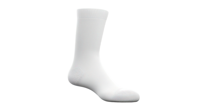 A mockup of a white sock is presented, placed on a white background and created in a 3D rendering.