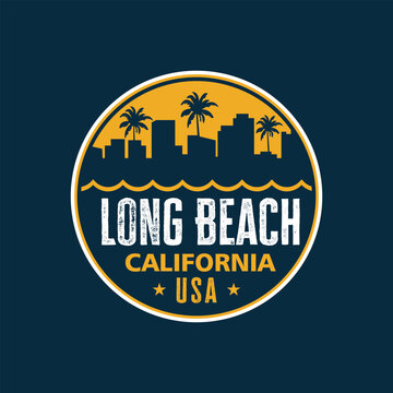 Badge of Long Beach California for logo, Stickers vector illustration with silhouette building of palm trees and ocean sunset
