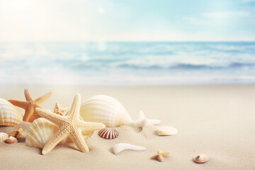 Fototapeta na wymiar beach scene with seashell sand beach background 3d rendering AI generative