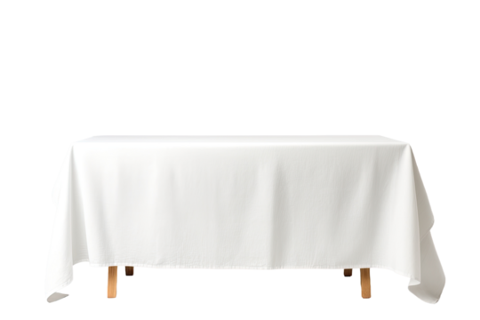 A tablecloth with a white color is seen alone on a white background, as viewed from the front. This tablecloth represents a simplistic design idea for use in exhibition stands or displays. It is made
