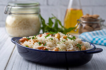 Traditional delicious Turkish food; Almond rice pilaf (Turkish name; Bademli pirinc pilavi)