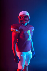 American football player banner with neon colors. Template for bookmaker ads with copy space. Mockup for betting advertisement. Sports betting, football betting, gambling, bookmaker, big win