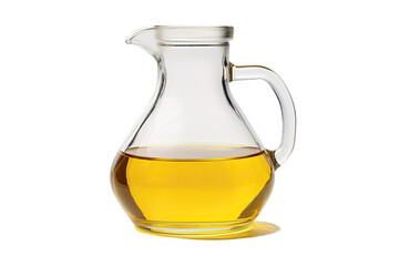 A glass jug containing vegetable oil set apart on a white background.