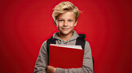 Cute scandinavian teenager boy in red shirt with school bag and books over red isolated background, half body, as school, education concept - Powered by Adobe