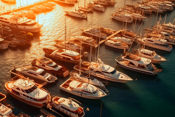 Obraz premium Private motor yacht sailing at pure clear blue sea ocean waters, used for renting and having good adventure travels. Top close view on dock with sailing boats. Generative AI Technology