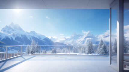 Luxury interior empty balcony with views on snow mountains. Copy space. Generative AI
