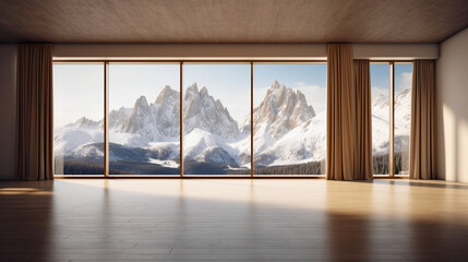  Luxury interior empty room with panoramic windows with views on snow mountains. Copy space. Generative AI