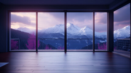  Luxury interior empty purple room with panoramic windows with views on snow mountains. Copy space. Generative AI
