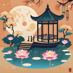 Mid-Autumn Festival, beautiful blue lake with lotus, gazebo, full moon, lantern, flowers, dreamlike place, chinese festival, holiday