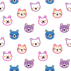 Seamless Pattern of Cartoon Bear Face Design on White Background