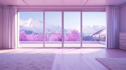  Luxury interior empty purple room with panoramic windows with views on snow mountains. Copy space. Generative AI