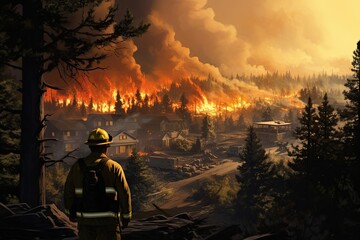 The illustration depicts a helpless firefighter watching a forest fire, capturing the intensity and helplessness of the moment. Generative Ai.
