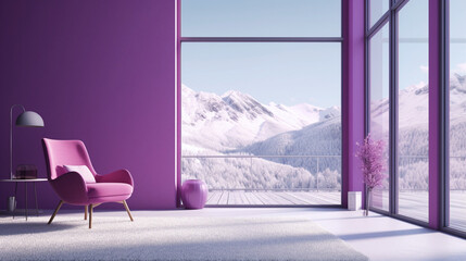 Luxury interior modern purple room with armchair. Copy space. Generative AI