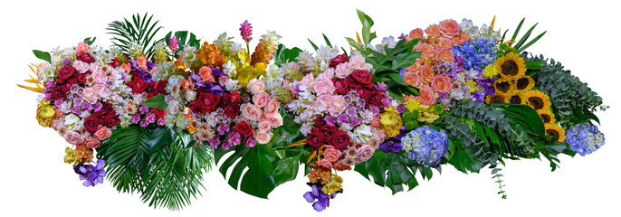 Hydrangeas, sunflowers and roses and various flowers with leaves isolated on transparent...