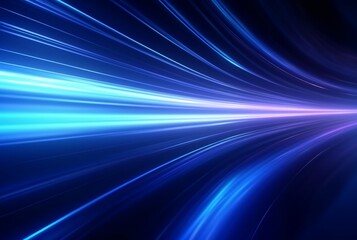 Abstract technology glowing futuristic blue light lines with speed motion blur effect on dark blue background. generative ai