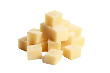 Parmesan cheese chunks on a plain white surface.