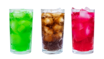 Soft drinks with ice cubes isolated transparent background.