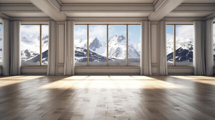 Luxury interior empty white room with panoramic windows with views on snow mountains. Copy space. Generative AI