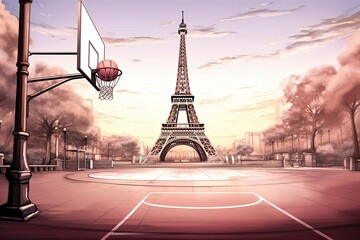 Illustration of improvised basketball court near the Eiffel Tower in Paris, merging sports and iconic architecture into a unique urban scene. Daylight. Generative Ai. 